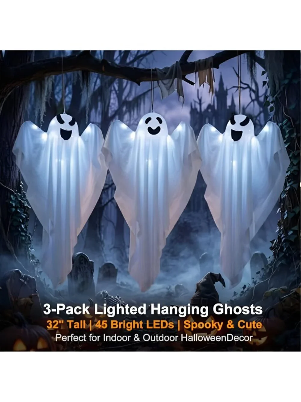 3 Packs Halloween Decorations Outdoor - Lighted Hanging Ghost